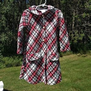 Plaid red, black, and white pea coat